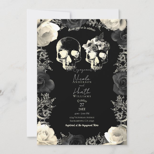 Invitación Fiesta de compromiso del esqueleto de cráneo gris  (Anverso)