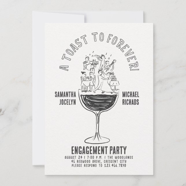 Invitación Fiesta de compromiso divertida con copa de vino en (Anverso)