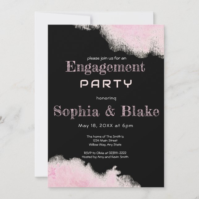 Invitación Fiesta de compromiso divertida con rosa y negro mo (Anverso)