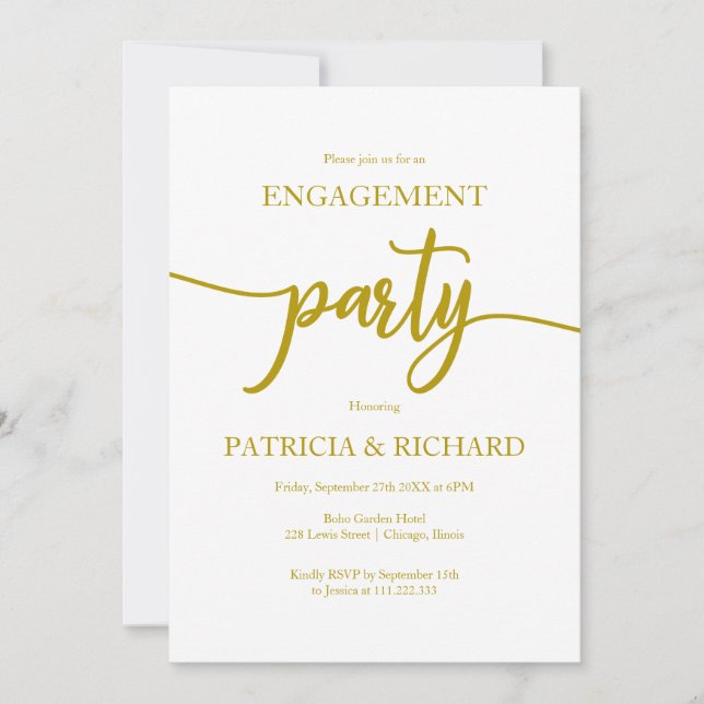 Invitación Fiesta de Compromiso Dorada Elegante (Anverso)