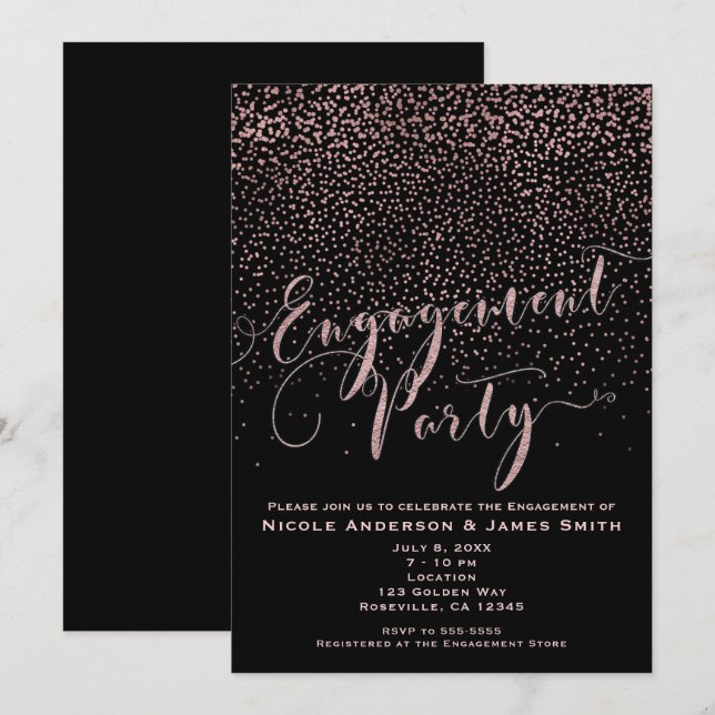 Invitación FIESTA DE COMPROMISO Ducha Rosa Negra Confeti Dora (Anverso / Reverso)
