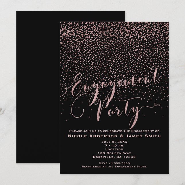 Invitación FIESTA DE COMPROMISO Ducha Rosa Negra Confeti Dora (Anverso / Reverso)
