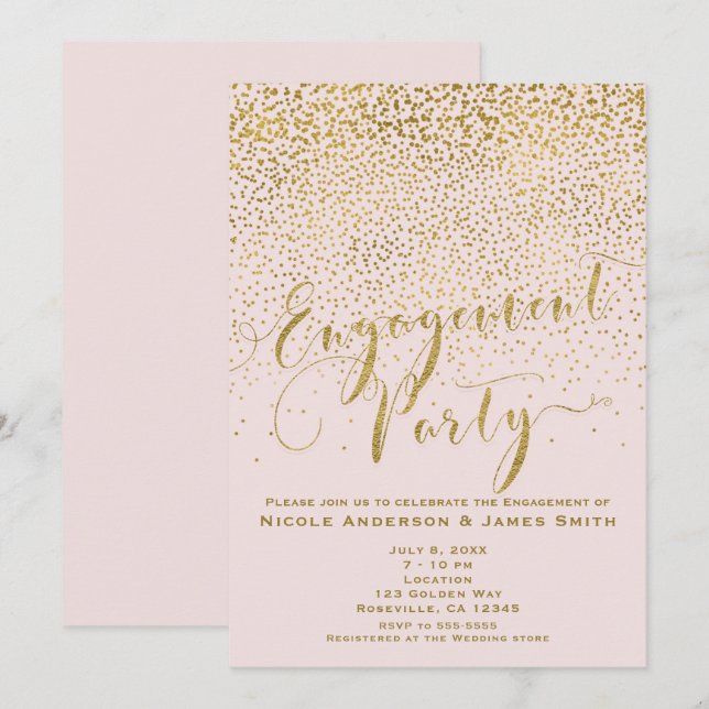Invitación FIESTA DE COMPROMISO Duchas Rosa y Confeti Dorado (Anverso / Reverso)