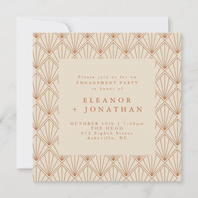Invitación Fiesta de compromiso elegante Art Deco naranja que (Anverso)