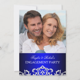Invitación Fiesta de compromiso elegante azul y blanco damasc