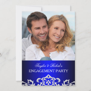 Invitación Fiesta de compromiso elegante azul y blanco damasc