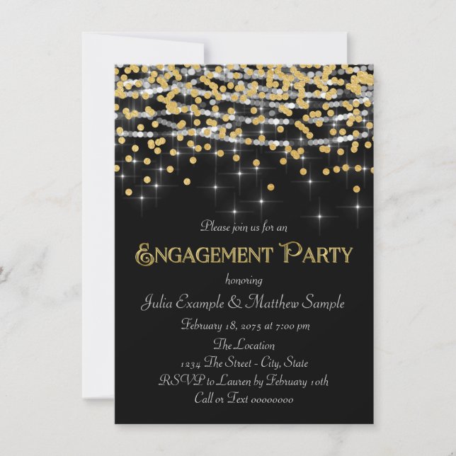 Invitación Fiesta de compromiso elegante con confeti de oro (Anverso)