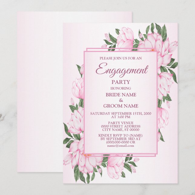 Invitación Fiesta de compromiso elegante con flores rosadas y (Anverso / Reverso)