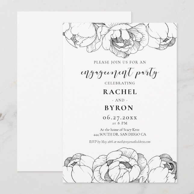 Invitación Fiesta de compromiso elegante con peonías blancas  (Anverso / Reverso)