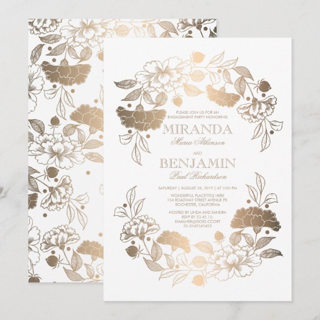 Invitación Fiesta de compromiso elegante de floral Gold Peony (Anverso / Reverso)