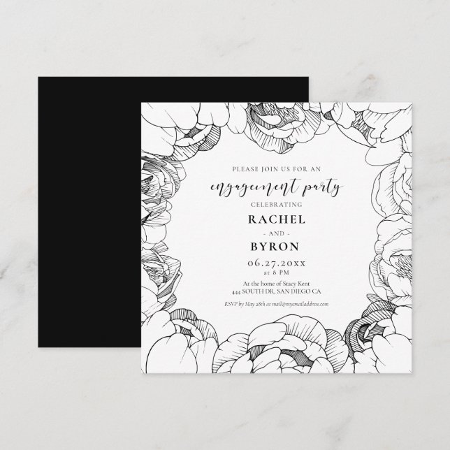 Invitación Fiesta de compromiso elegante de peonatos negros y (Anverso / Reverso)