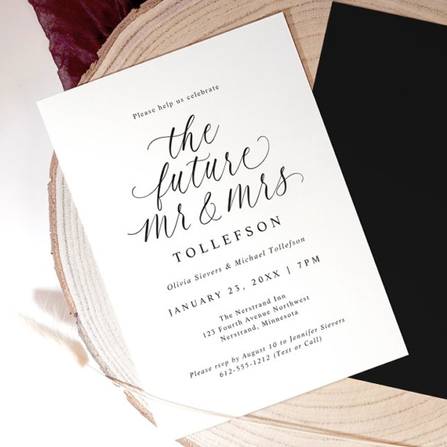 Invitación Fiesta de Compromiso Elegante El Futuro Sr & Sra (Elegant black and white engagement invitation with modern calligraphy reading “the future mr & mrs.”)
