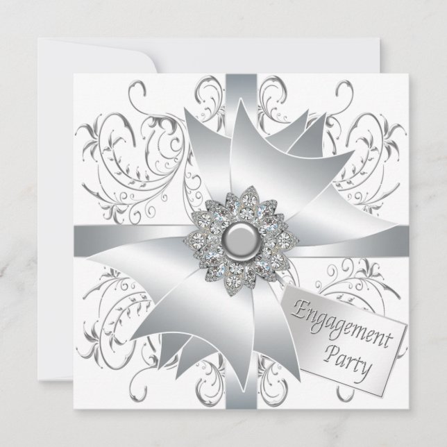 Invitación Fiesta de compromiso elegante en blanco (Anverso)
