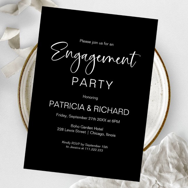 Invitación Fiesta de compromiso elegante en blanco y negro (Subido por el creador)