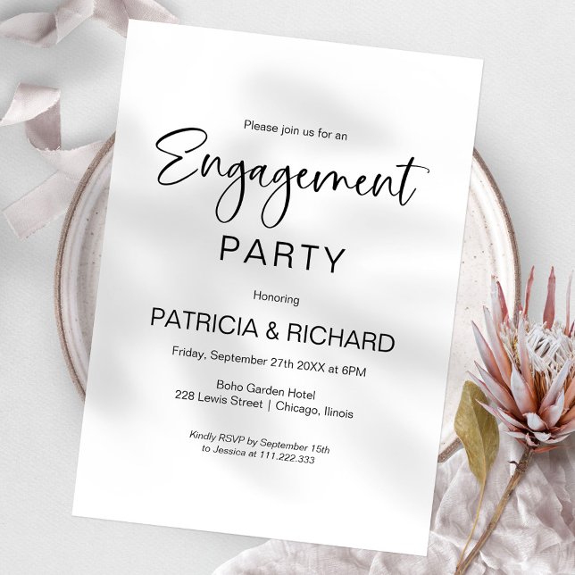 Invitación Fiesta de compromiso elegante en blanco y negro (Subido por el creador)