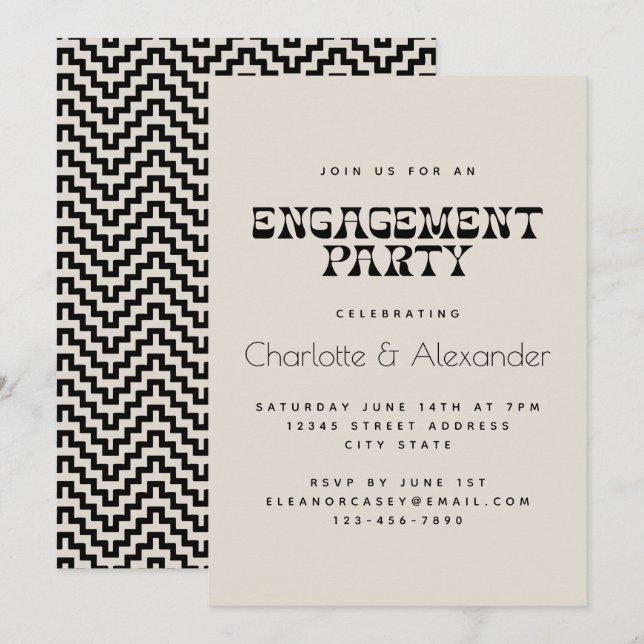 Invitación Fiesta de compromiso elegante en blanco y negro re (Anverso / Reverso)
