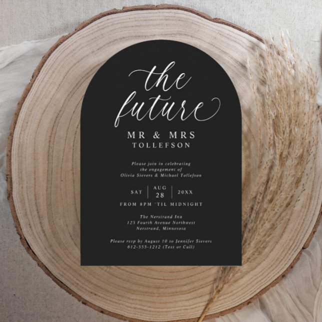 Invitación Fiesta de compromiso elegante en negro y blanco co (Modern black arch-shaped engagement party invitation with elegant white script and minimalist design)