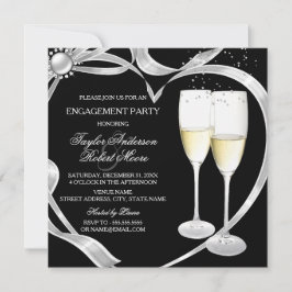 Invitación Fiesta de Compromiso Elegante Negro Plata y Oro