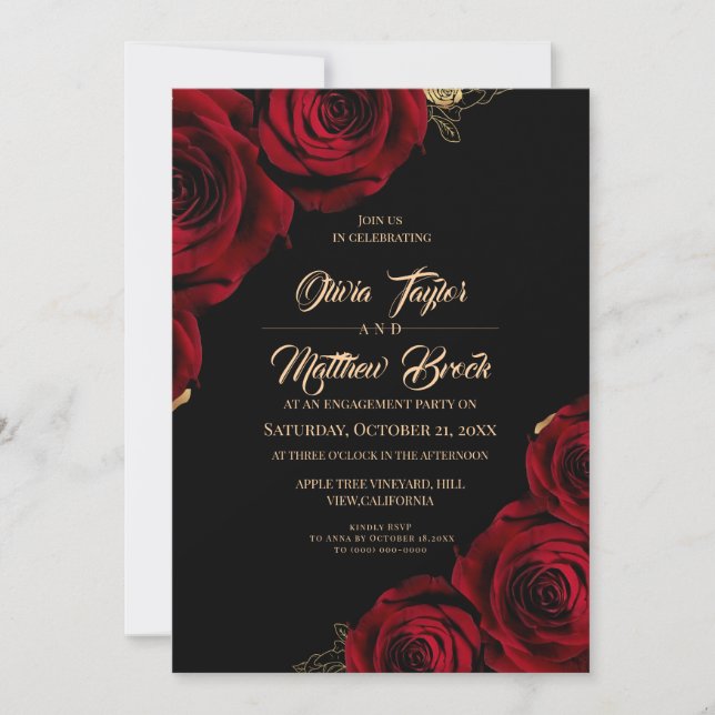Invitación Fiesta de compromiso elegante rústica floral roja  (Anverso)