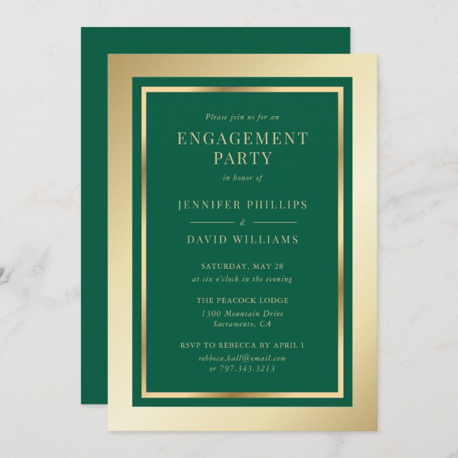 Invitación Fiesta de Compromiso Elegante Verde Esmeralda y Do (Anverso / Reverso)