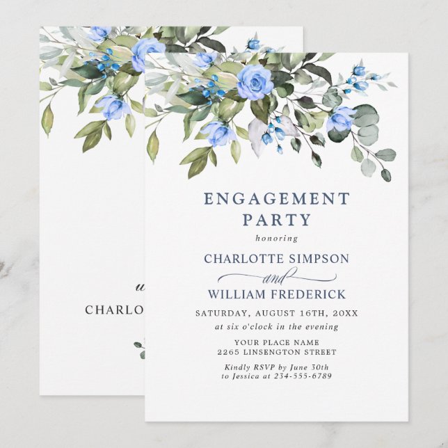 Invitación FIESTA DE COMPROMISO Elegantes Rosas Azules de Euc (Anverso / Reverso)