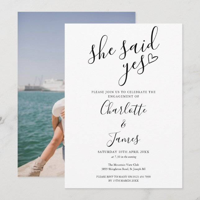 Invitación Fiesta de Compromiso Ella Dijo Sí Amor Corazón Fot (Anverso / Reverso)