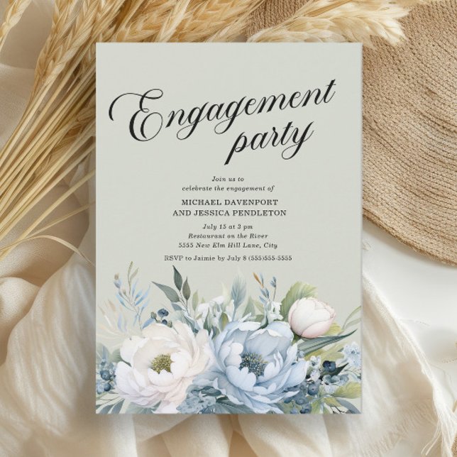 Invitación Fiesta de compromiso en azul polvoriento y verde s (Dusty blue and white watercolor floral engagement party invitation)