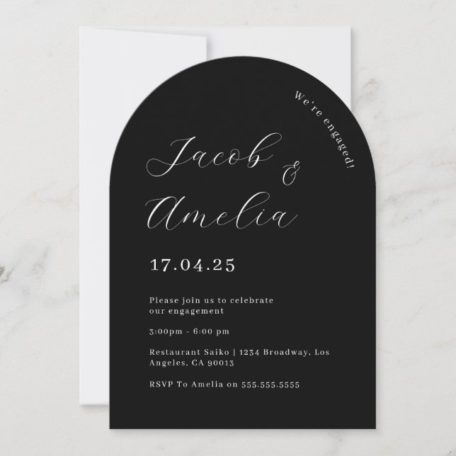 Invitación Fiesta de compromiso en blanco y negro con arco mo (Anverso)