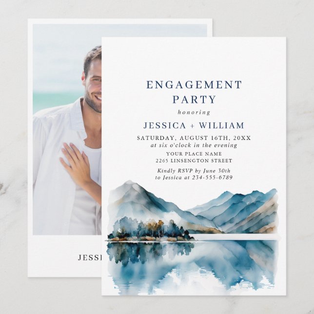 Invitación Fiesta de Compromiso en Bosque de Montañas Elegant (Anverso / Reverso)