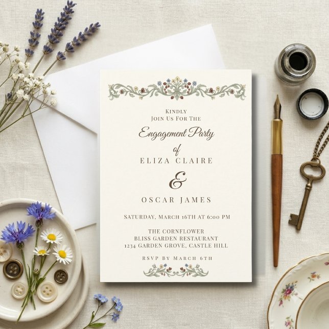 Invitación Fiesta de Compromiso en el Prado de Flores Silvest (Coquette Wildflower Meadow Engagement Party Invitation)