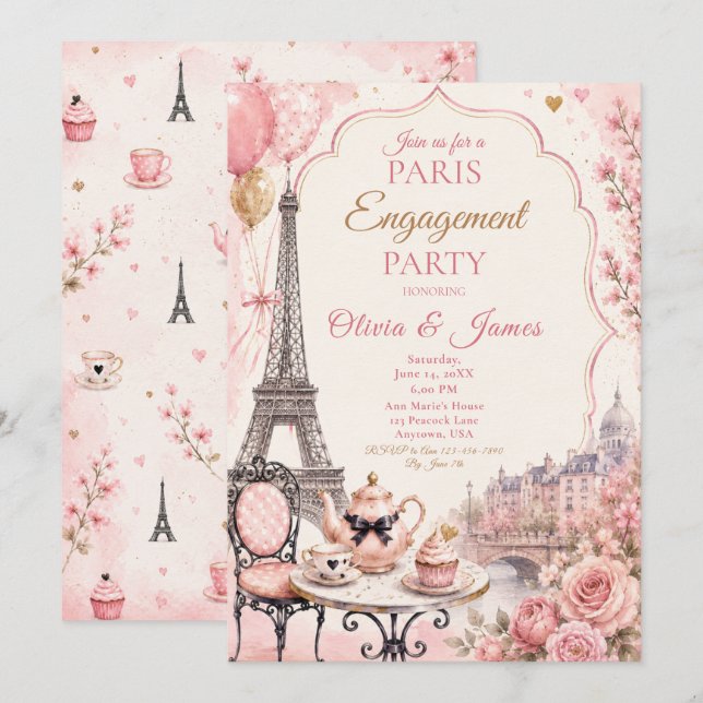 Invitación Fiesta de compromiso en París (Anverso / Reverso)