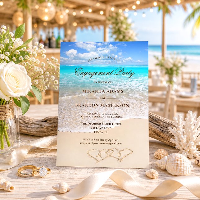 Invitación Fiesta de Compromiso en Sand Hearts Blue Ocean Bea (Subido por el creador)