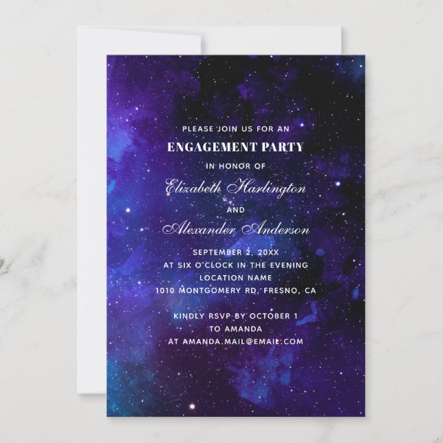 Invitación Fiesta de compromiso espacial. Estrellas nocturnas (Anverso)