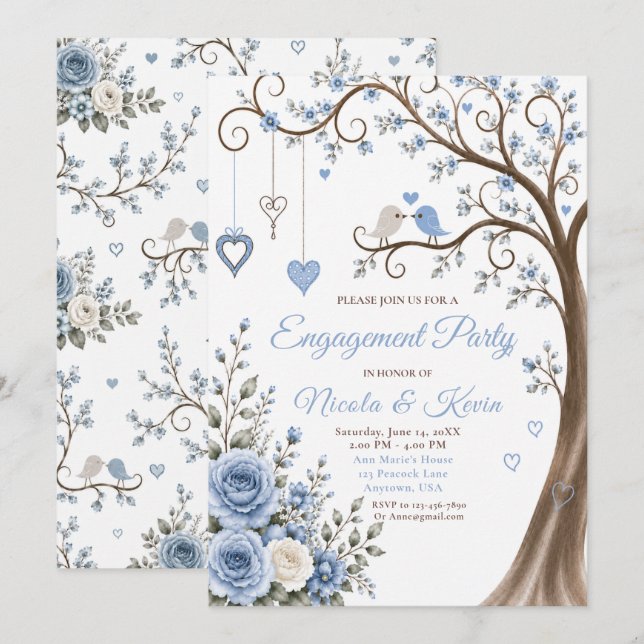 Invitación Fiesta de Compromiso Flor de Azul Polvoriento (Anverso / Reverso)