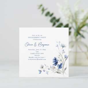 Invitación Fiesta de compromiso floral azul acuarela romántic