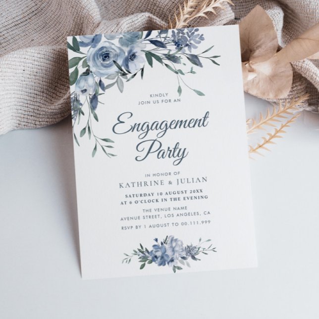 Invitación fiesta de compromiso floral azul boho polvoriento (Subido por el creador)