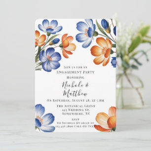 Invitación Fiesta de compromiso floral azul cobalto y naranja