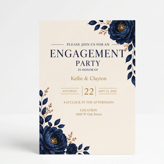 Invitación Fiesta de Compromiso Floral Azul Elegante (Subido por el creador)