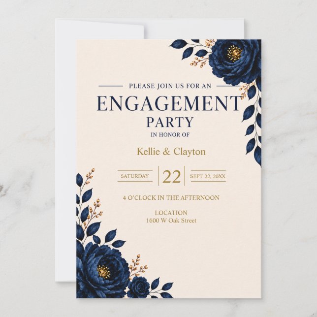 Invitación Fiesta de Compromiso Floral Azul Elegante (Anverso)
