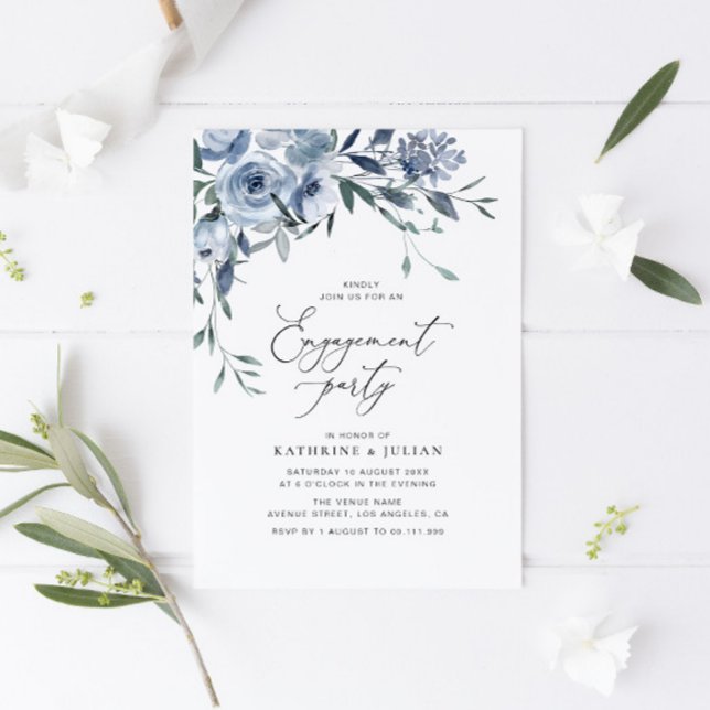 Invitación fiesta de compromiso floral azul polvoriento (Subido por el creador)