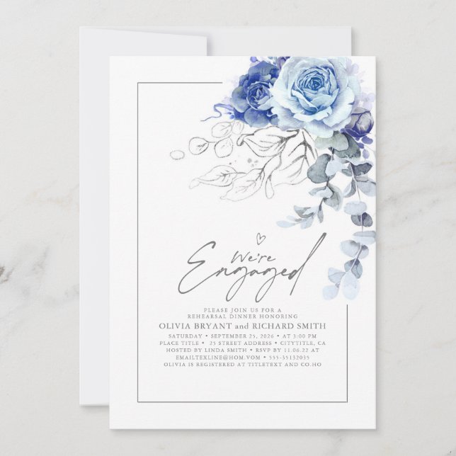 Invitación Fiesta de compromiso floral azul polvoriento plata (Anverso)