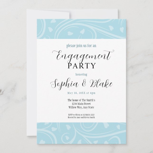 Invitación Fiesta de Compromiso Floral Azul y Blanco Moderno (Anverso)
