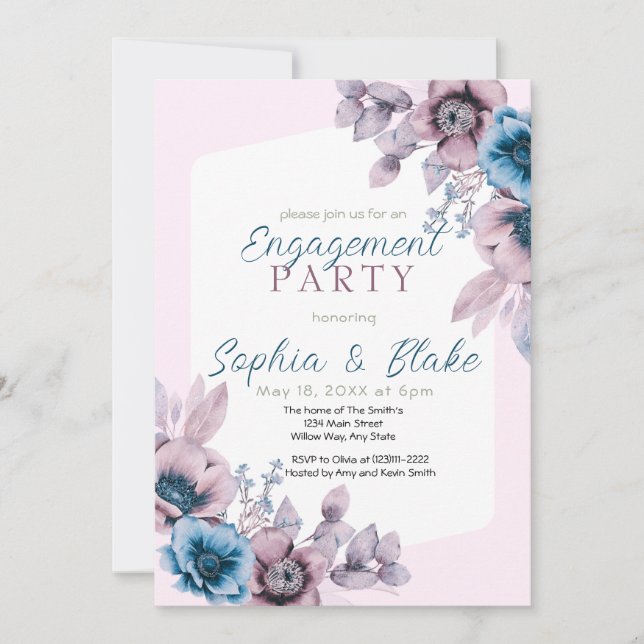 Invitación Fiesta de Compromiso Floral Azul y Rosa  (Anverso)