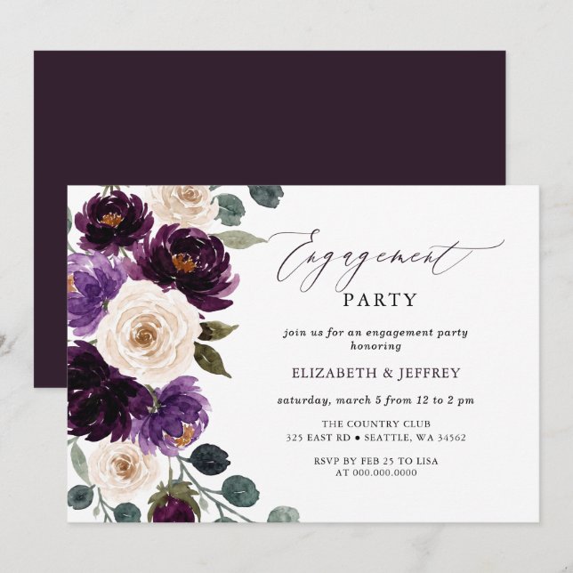 Invitación Fiesta de Compromiso Floral Berenjena Marfil Morad (Anverso / Reverso)