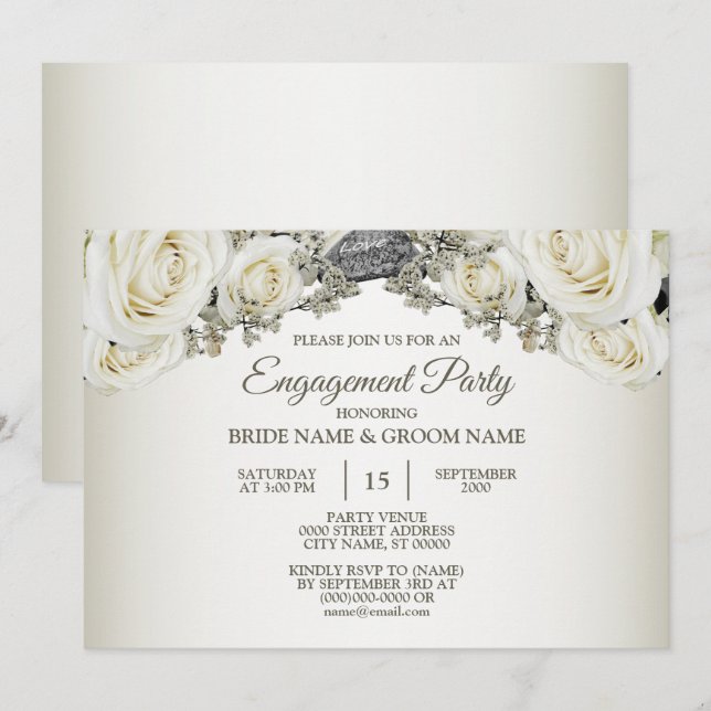 Invitación Fiesta de Compromiso Floral Blanco Verde Beige (Anverso / Reverso)