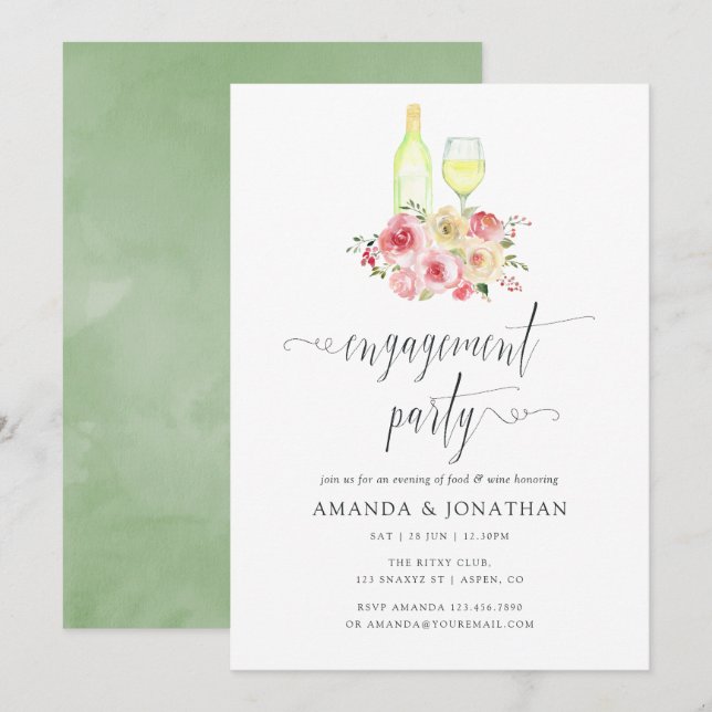 Invitación Fiesta de compromiso floral Blush & Sage cata de v (Anverso / Reverso)