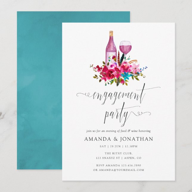 Invitación Fiesta de compromiso floral boho chic degustación  (Anverso / Reverso)