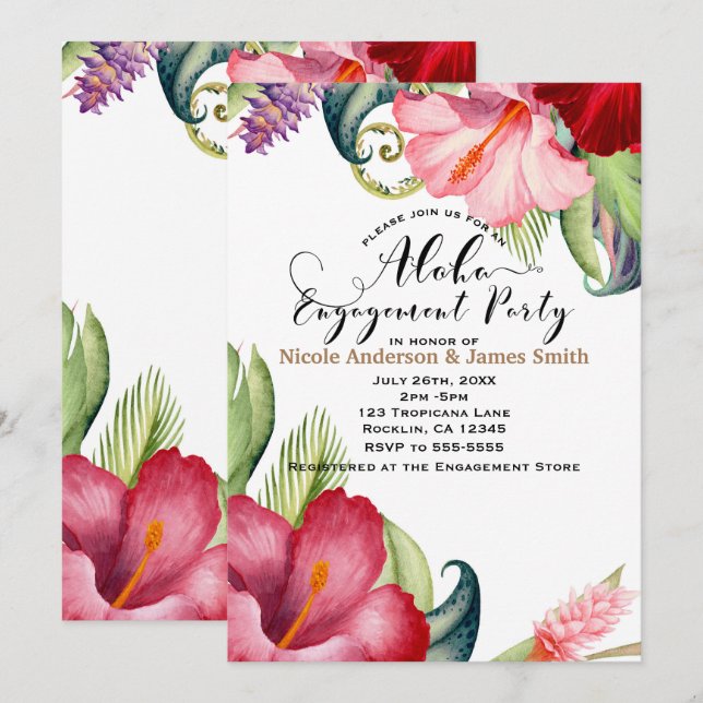 Invitación Fiesta de compromiso floral botánica tropical hawa (Anverso / Reverso)