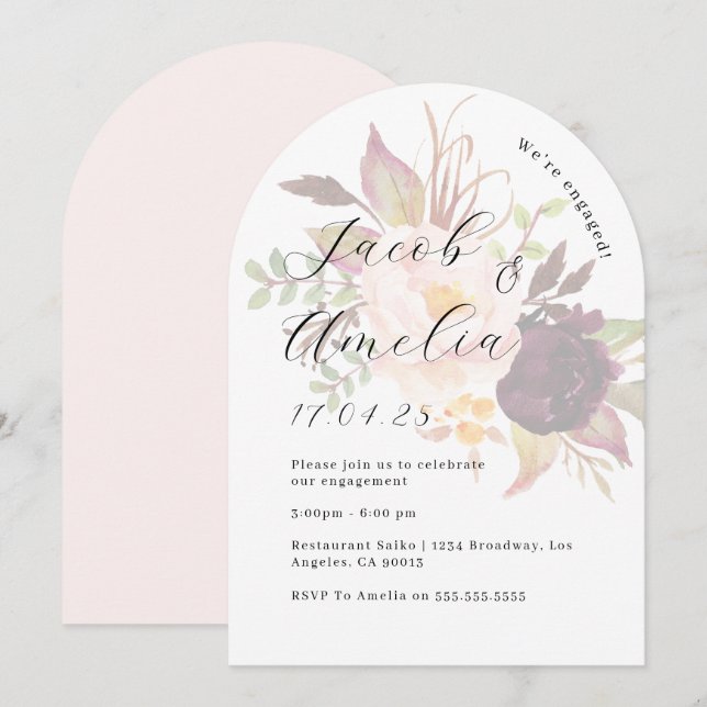 Invitación Fiesta de compromiso Floral Burgundy Blush Arch   (Anverso / Reverso)