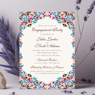 Invitación Fiesta de compromiso floral caprichosa azul magent